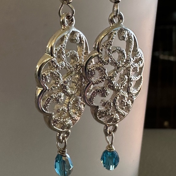 Intricate Silver Earrings with Blue Accent - Picture 3 of 5